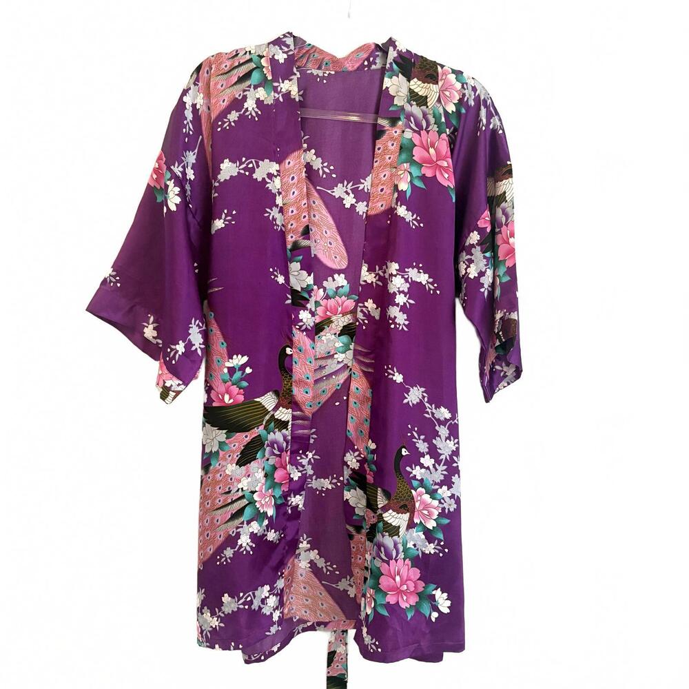 No Brand | Short Sleeve Purple Pink Turquoise Peacock Kimono Robe Belt Size M